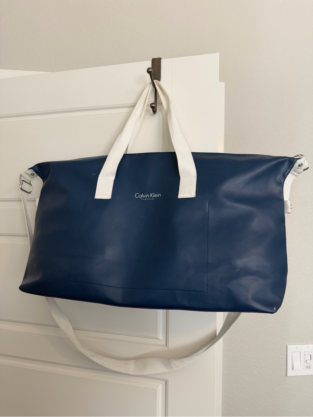 Calvin Klein Navy Weekender Duffel Bag with White Straps